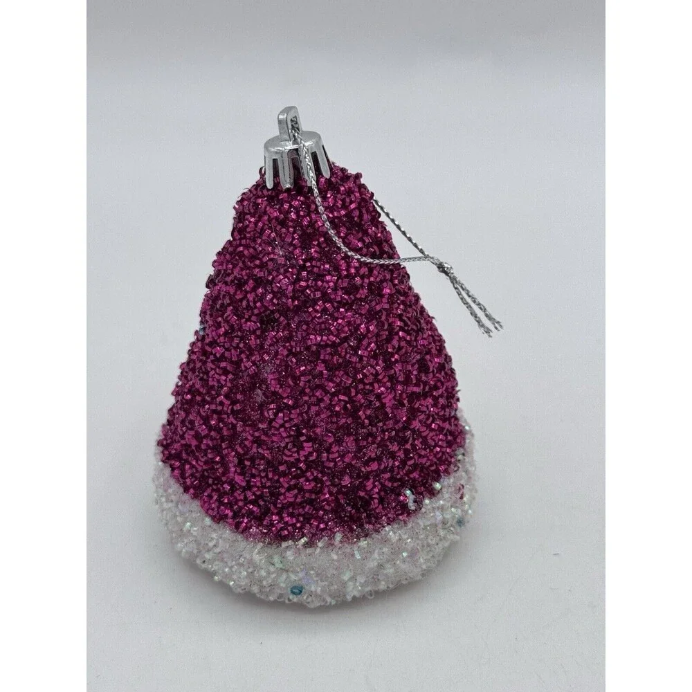 Santa Claus Hat Christmas Tree Ornament Pink Glitter 3.5
